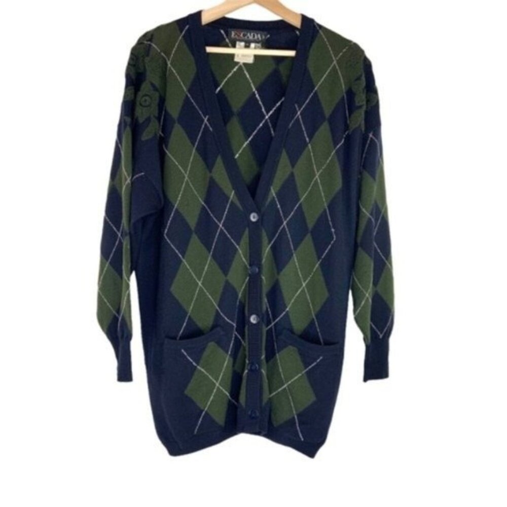 Vintage Escada Argyle Cardigan with Embroidery Details Green Navy Blue